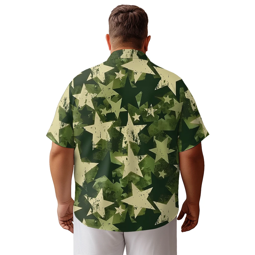 2024 new Hawaii Men's shirts plus size Camouflage green five-pointed star printed clothing casual short-sleeved