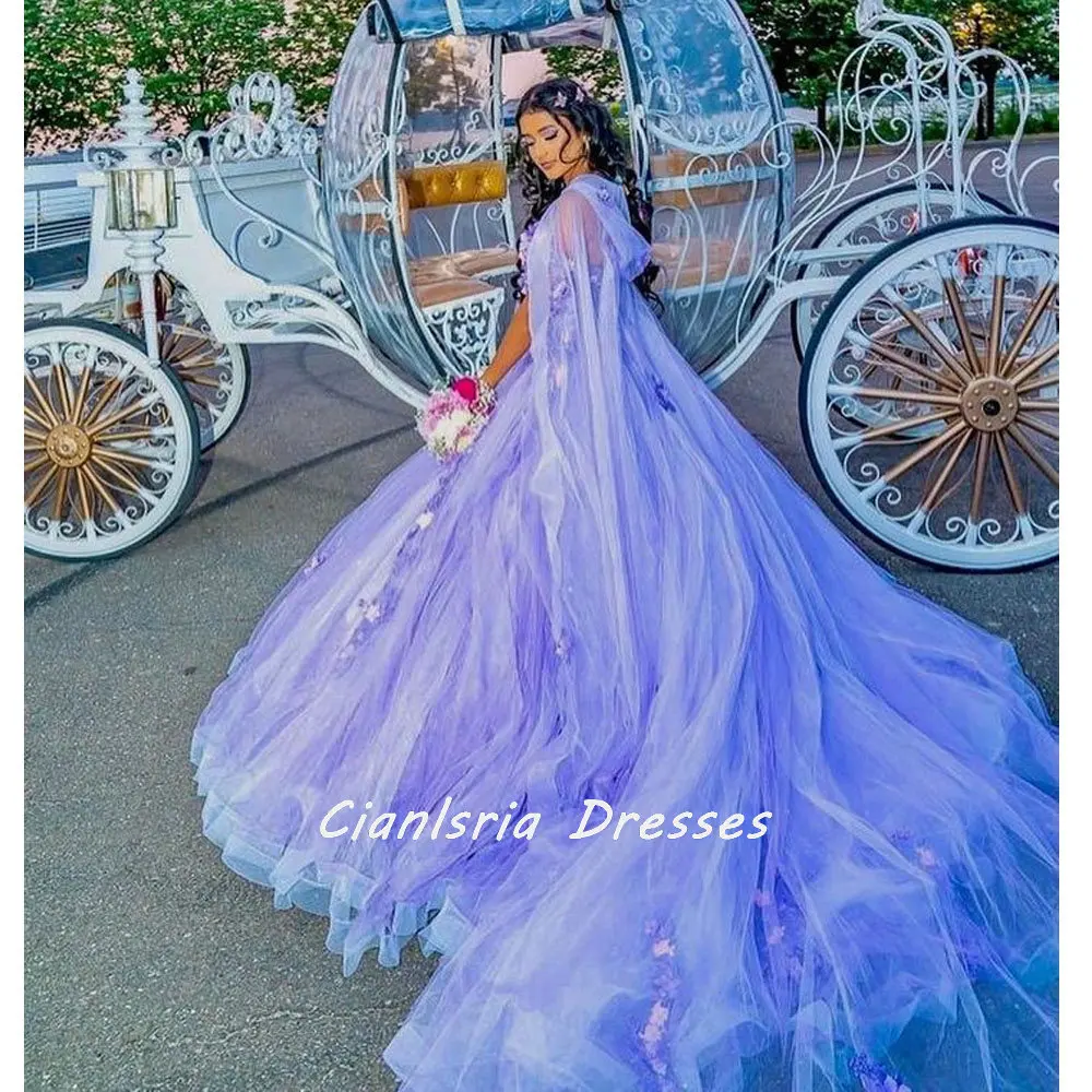 

Lilac 3D Flowers Corset Quinceanera Dress With Shawl Ball Gown Sleeveless Appliques Lace Sweet 16 Vestido De XV Anos