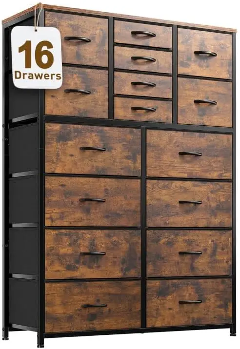 Tall Dresser for Bedroom,16 Drawer Dressers & Chests of Drawers, Fabric Bedroom Dresser with Wood Top, Metal Frame,Storage Drawe