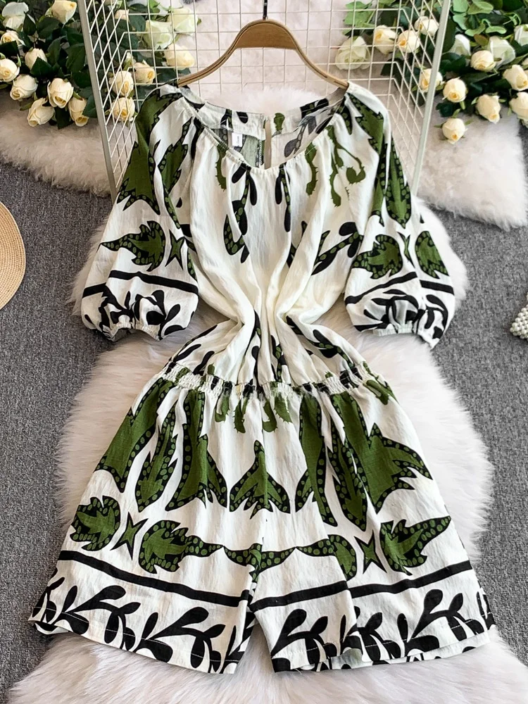 

Casual round Ne Lantern Sve Print Women's Jumpsuit High Waist Slimming Wide Leg Five-Quarter Pants Summer Design Sense