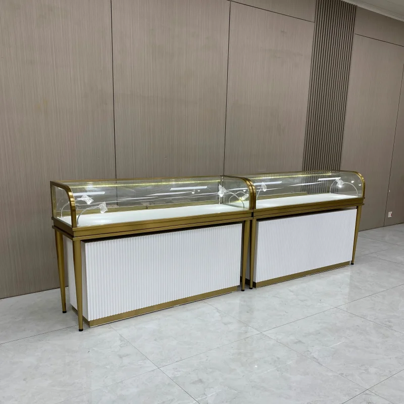 

Customize.Light Luxury Gold Frame Glass Showcase Simple Style Curved Glass Jewelry Display Stand Store Boutique Display Cabinet