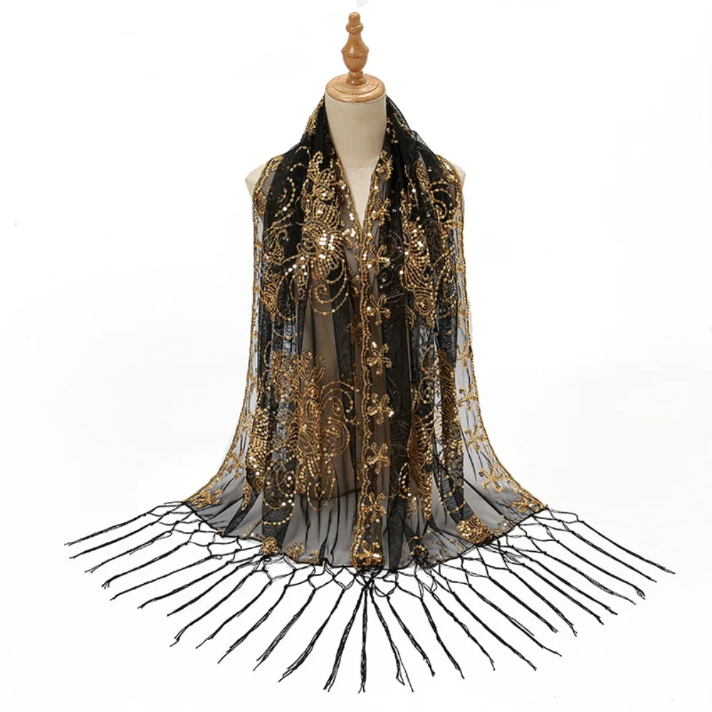 

Elegant Mesh Sequin Shawls Transparent Glitter Evening Dresses Scarves Headscarf Neckerchief Tassels Scarf Party