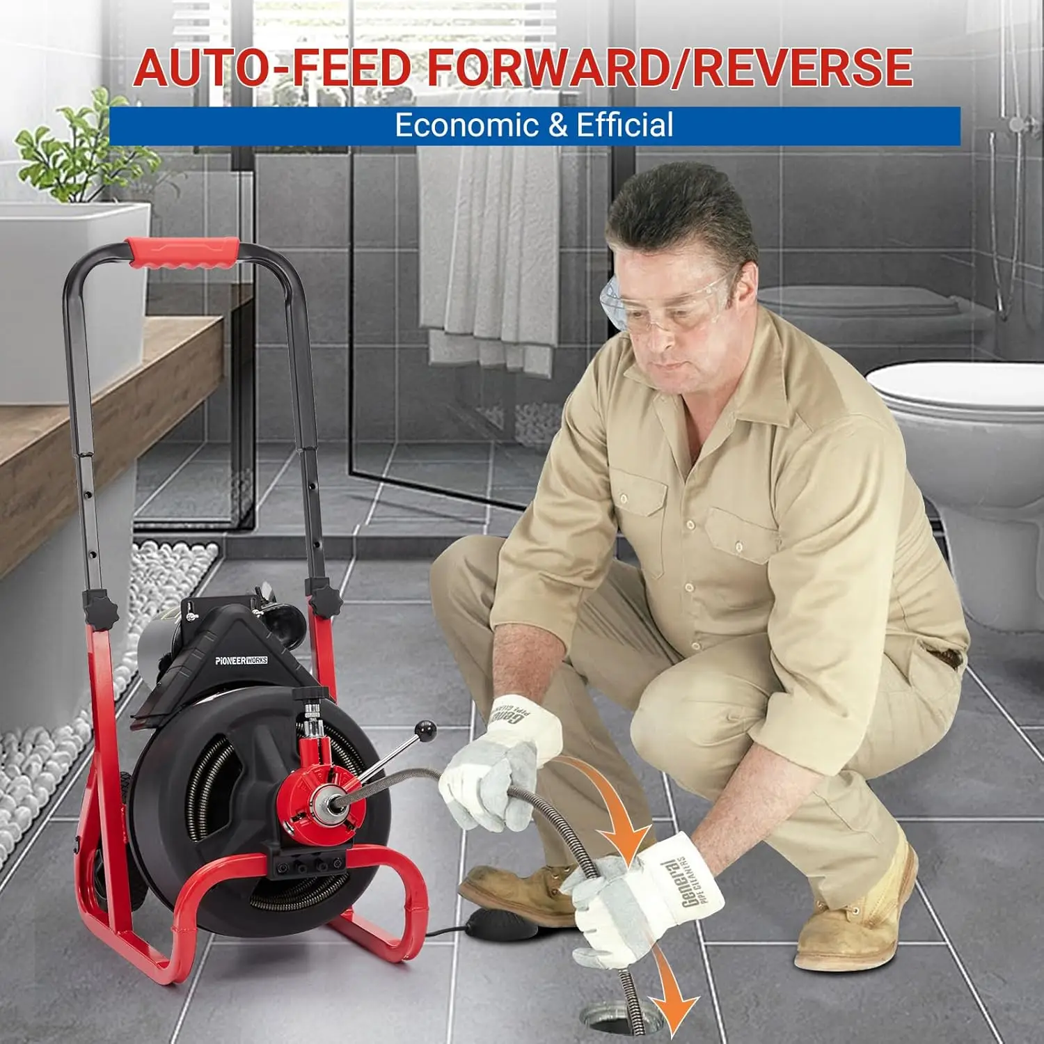 

Машина для очистки канализации с 6 резаками и перчатками, канализационная змея с автоматической подачей для труб диаметром 2–4 дюйма, профессиональный электрический сливной шнек для сантехники