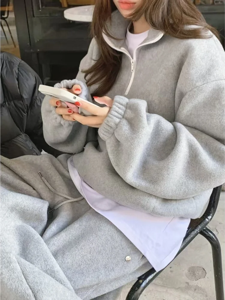 

Thiened Loose Fit Hoodie And Pants Set Women's Casual Warm Faion Autumn Winter Two-Piece Suit f Zipper Fce Lined Ve...