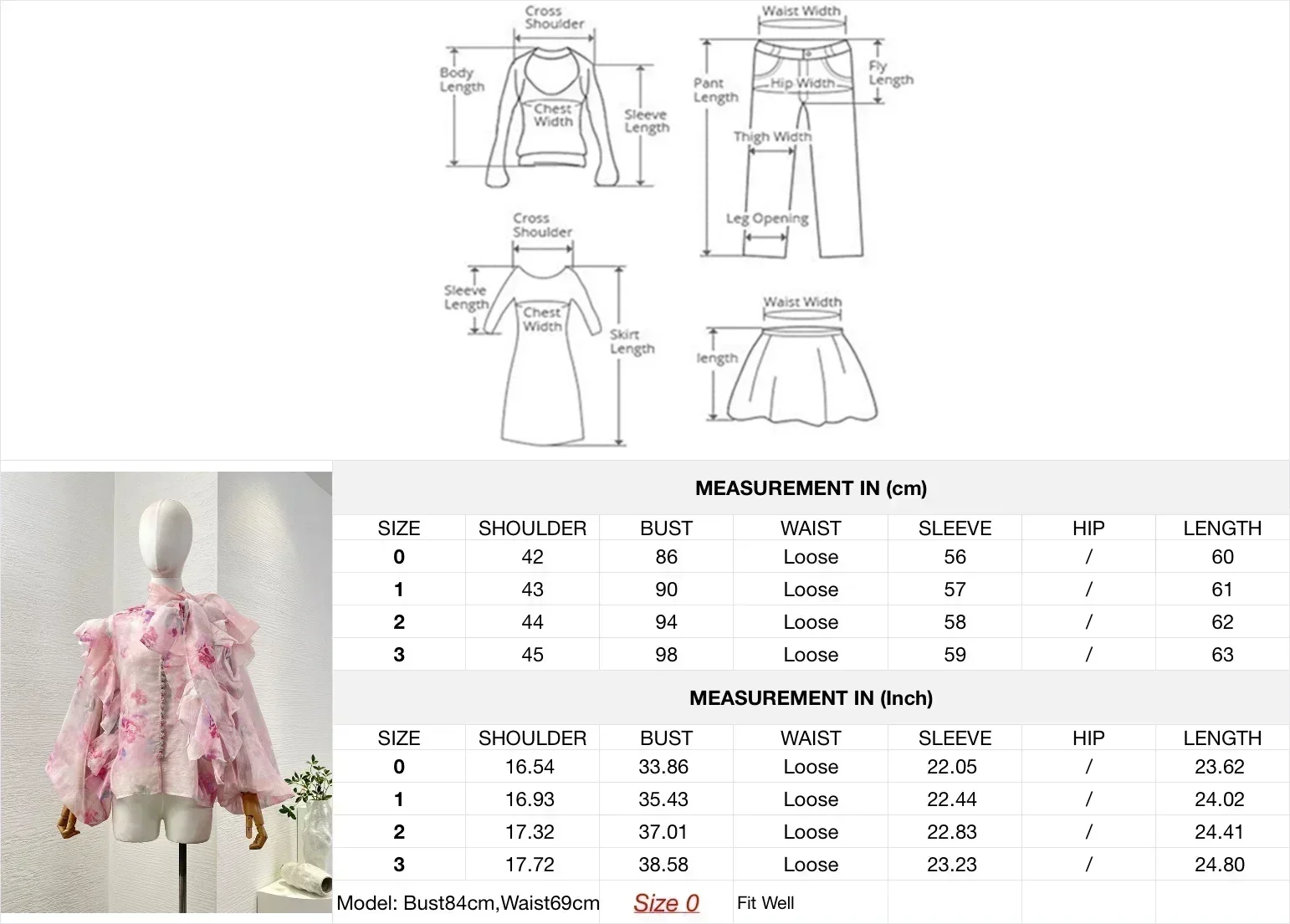 Set da donna romantico rosa nuova serie Oufit di alta qualità con stampa floreale con volant e fiocco con diamanti, camicetta con maniche a lanterna e minigonna