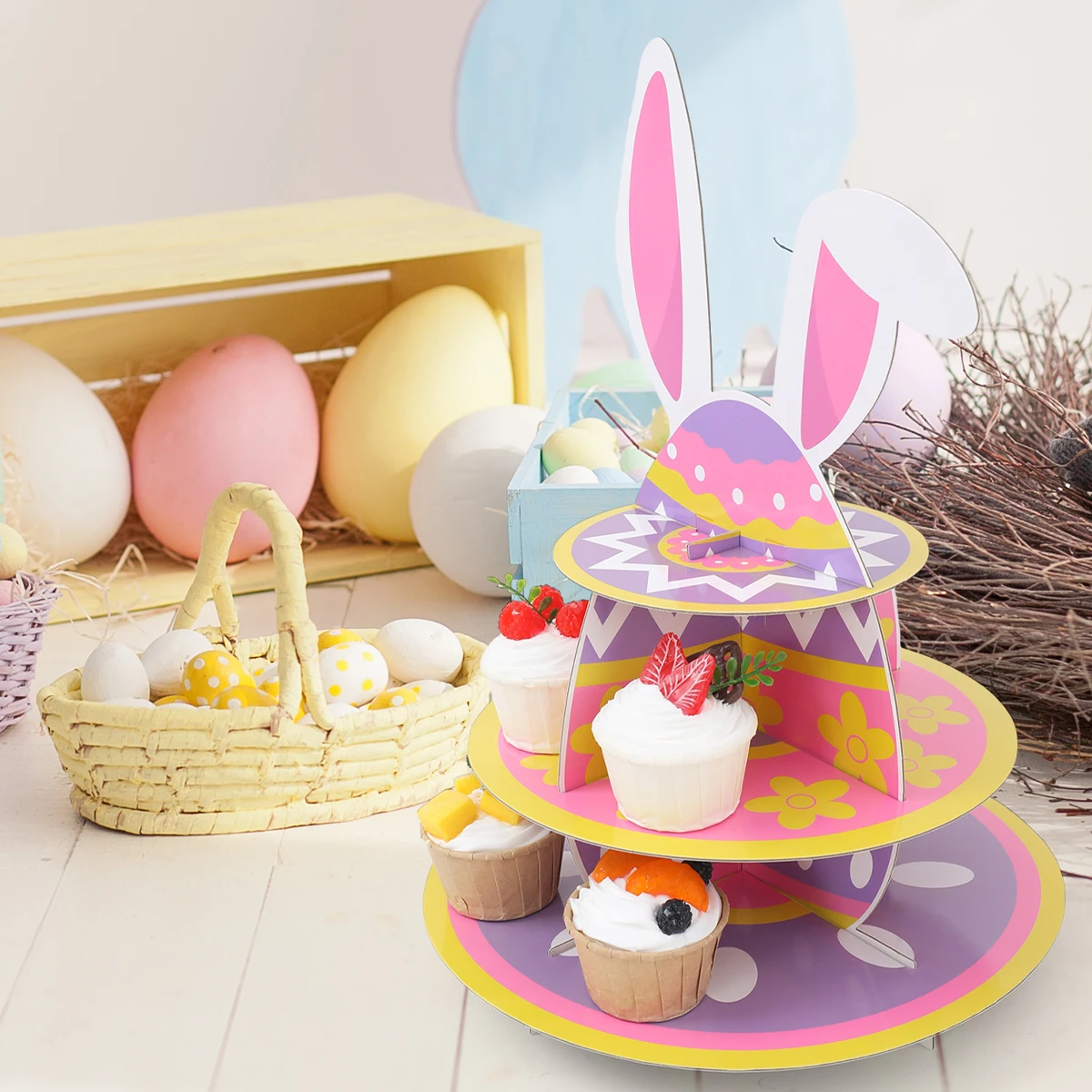 1set 3Tier Easter Bunny Ears Party Cake Display Stand Easter Rabbit Theme Happy Birthday Cupcake Rack Holder Happy Easter Decor