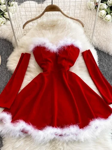 Foamlina Vestido de Navidad para mujer, sexy, de cintura escotada, fino, grande, péndulo, esponjoso, empalme, tubo con tirantes, vestido Ling rojo