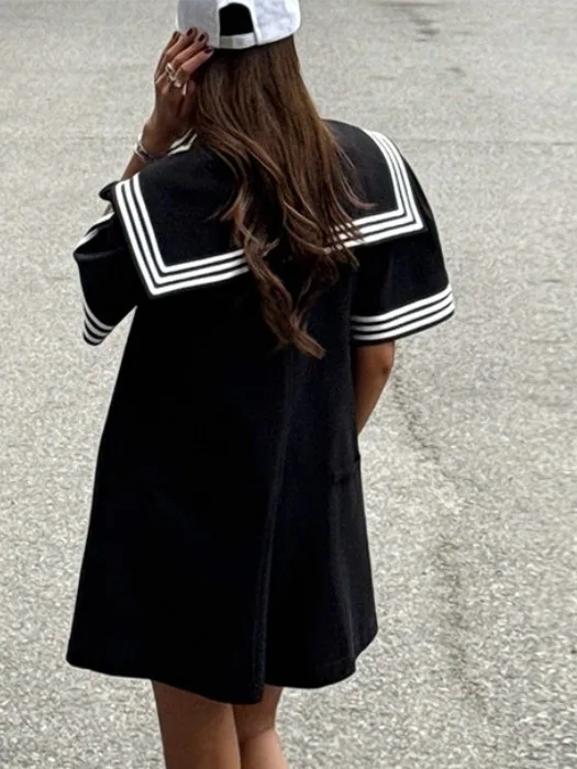 

Summer New Vintage Loose Striped ort Dr Women's Double-breasted Collar Navy Color Blo College Sle Faion Dr