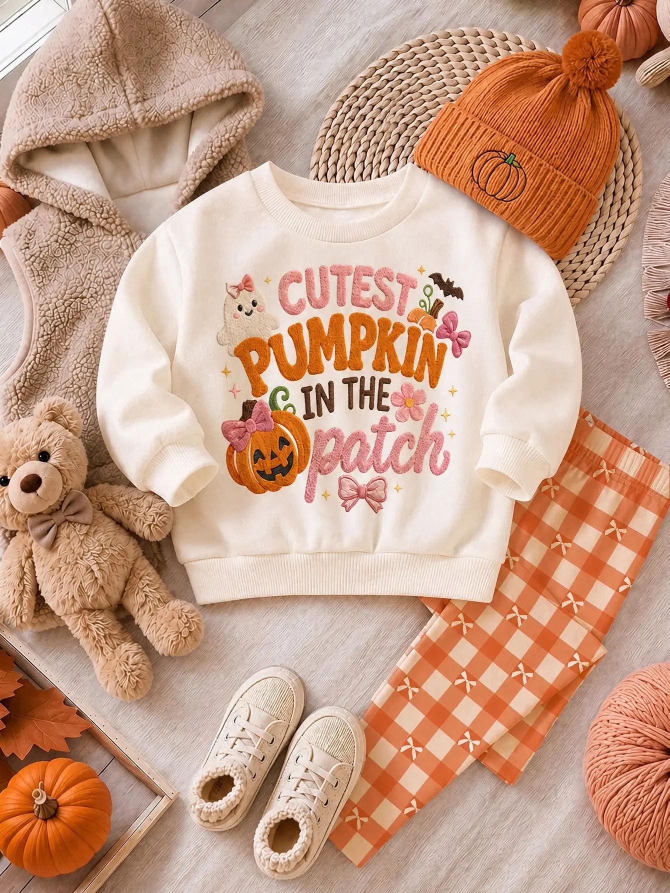 Halloween Cute Bow Colorful Pumpkin Pattern Cutest Pumpkin In The Patch! Pumpkin Season, Fall Vibes! Young Girl Casual Soft Thick Crew Neck Long Sleeve Sweatshirt And Leggings 2-Piece Set