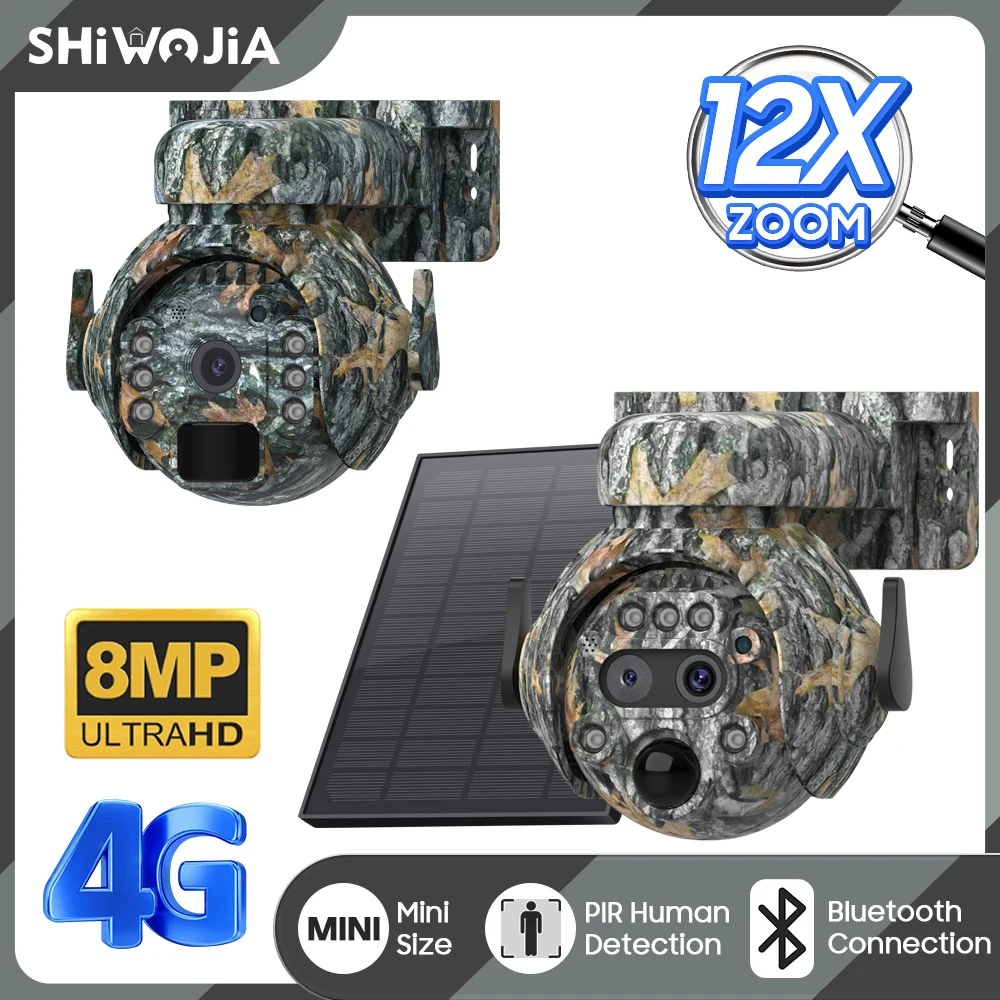 SHIWOJIA 12X ZOOM 4K 8MP Kamera słoneczna Podwójny obiektyw 4G 360 °   Widok kamuflażu Kolorowa zewnętrzna kamera myśliwska 7800 mAh Bateria Aplikacja Ubox
