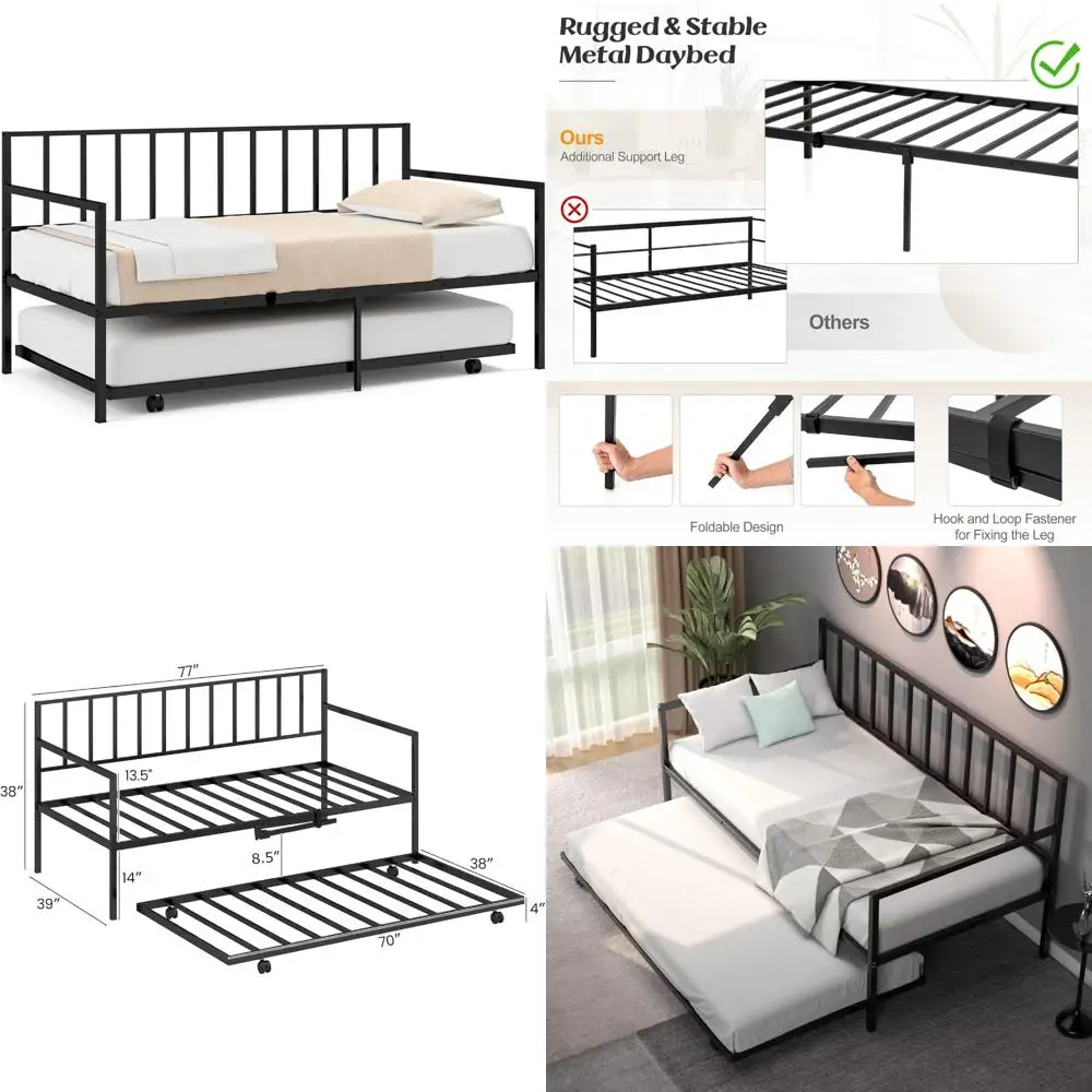 Giantex Twin Daybed with Trundle, Metal Twin Size Daybed with Pullout Trundle w/ 4 Casters, Metal Slat Support Sofa Bed for Kids