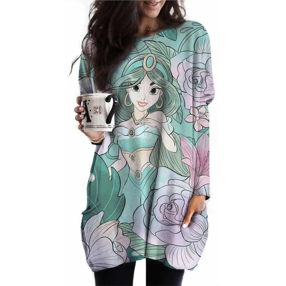 2024 New Women\'s Round Neck Long Sleeve T-shirt Disney Princess Printed Long Sleeve Pocket T-shirt Women\'s Casual Street Clothin