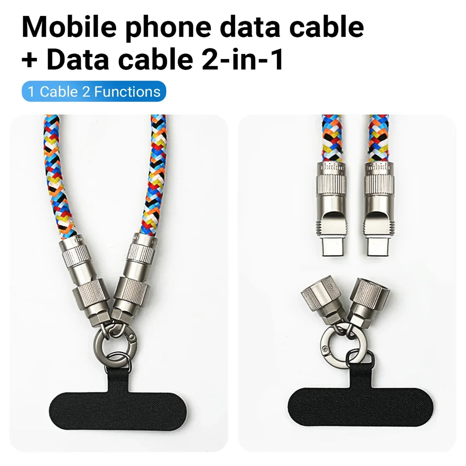 2 in 1 USB C Type C Fast Charging Cable Data Cord with Neck Straps Lanyard 60W PD Cable For iPhone Samsung Xiaomi Huawei