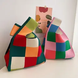 Borsa a mano in maglia da donna Mini borsa da polso con nodo borsa a tracolla scozzese di colore Casual borse per la spesa riutilizzabili per studenti