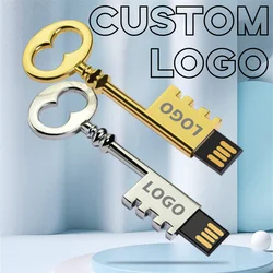 New Free Custom Name LOGO Silver and Gold Metal Key Model USB2.0 Pen Drive 2GB 4GB 8GB 16GB 32GB 64GB 128GB Memory Stick