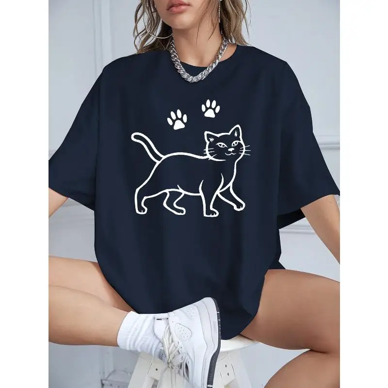 

Cute Cat T-shirt for Women Men Simple Line Graphic Tee Animal Paw Print Top Casual Wear