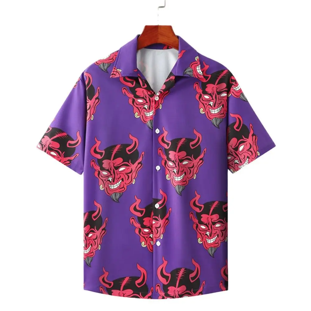 Devil Shirts Full Printed Short Sleeve Men\'s Shirt Floral Loose Hawaiian Korean Streetwear Hip Hop Fashion Shirts Male Camisa