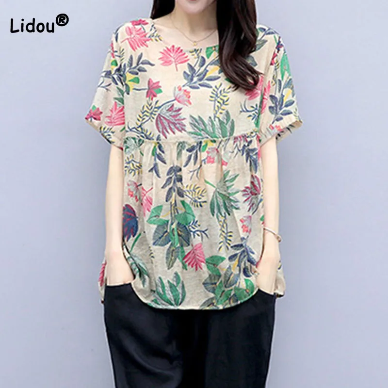 Fashion Loose Short Sleeve Floral Print T-shirt for Female 2023 Korean Casual Vintage Round Neck Tops Women\'s Clothing Summer