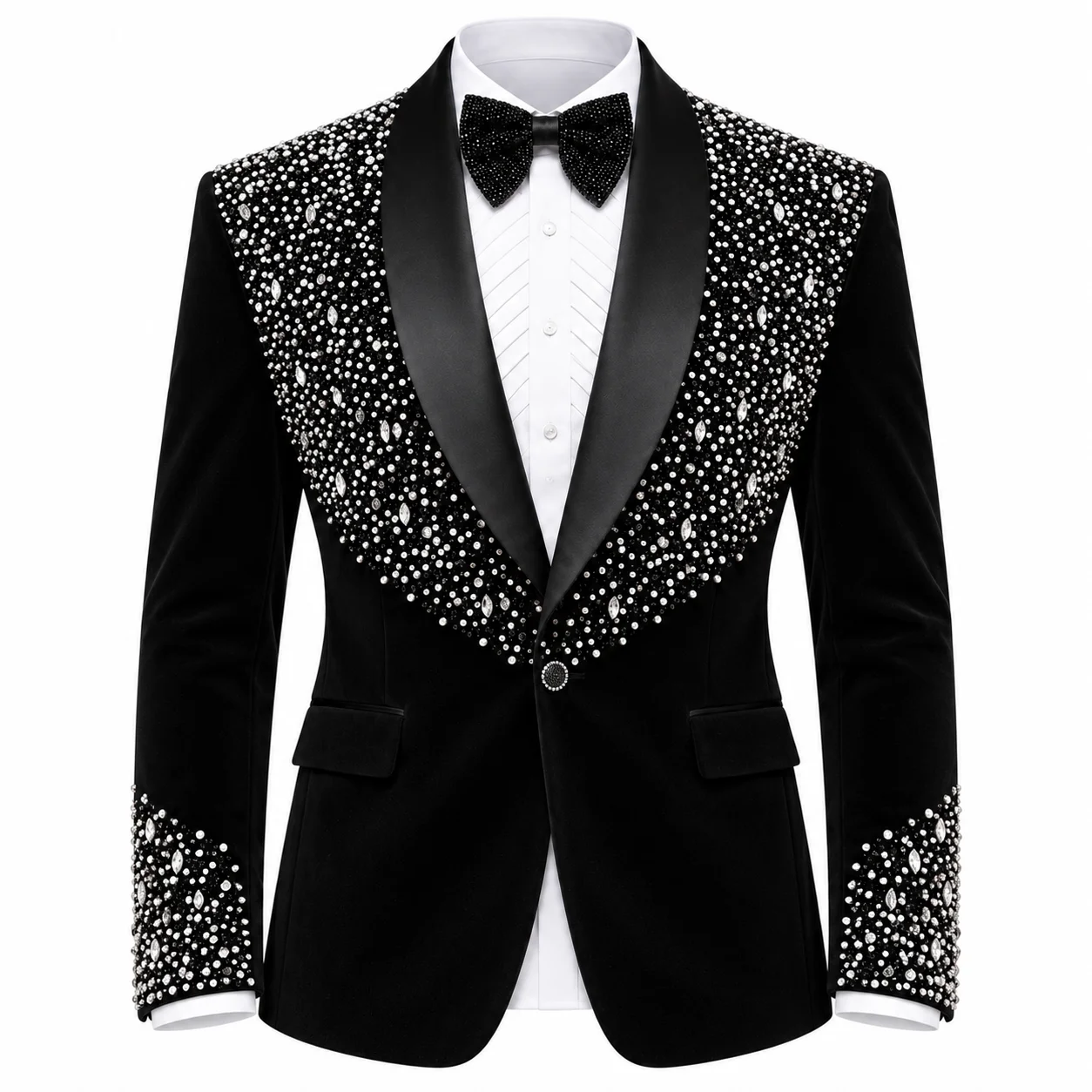 Men's Suit Beads 2 Pieces Blazer Pants One Button Sheer Lapel Business Formal Slim Work Wedding Groom Costume Homme Customized