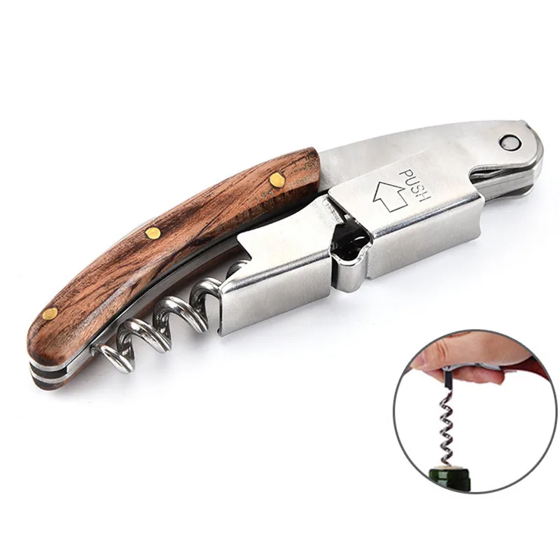 Stainless Steel Corkscrew Wine Key Beer Bottle Opener Foil Cutter Wood Handle Openers Waiters Wine Knife Corkscrews Sommelier