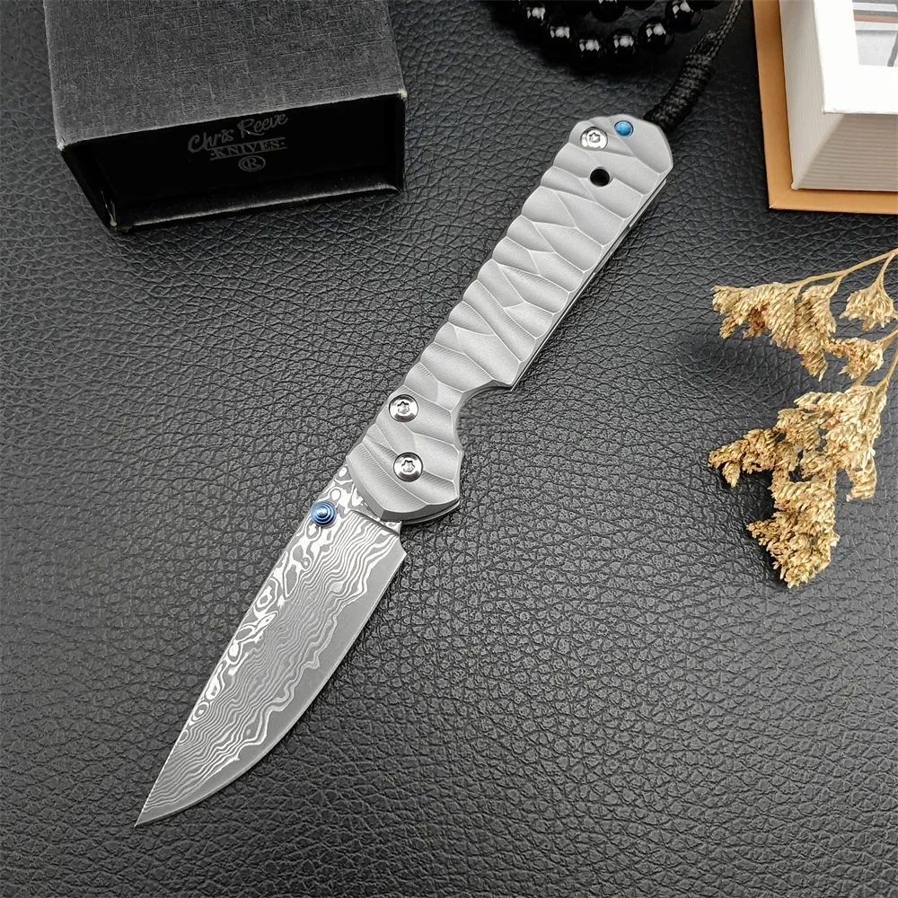 CR Damascus Pocket Folding Blade Knife Titanium Alloy Handle High Hardness Outdoor Tactical EDC Survival Camping Hunting Tool