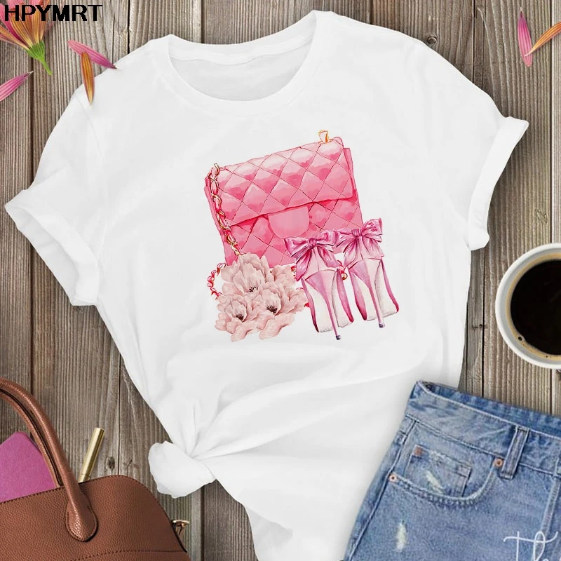 New Summer Fashion Leisure Lovely High heels Ladies bag printing T Shirt Women Harajuku Short sleeve Streetwear Clothing Tshirts