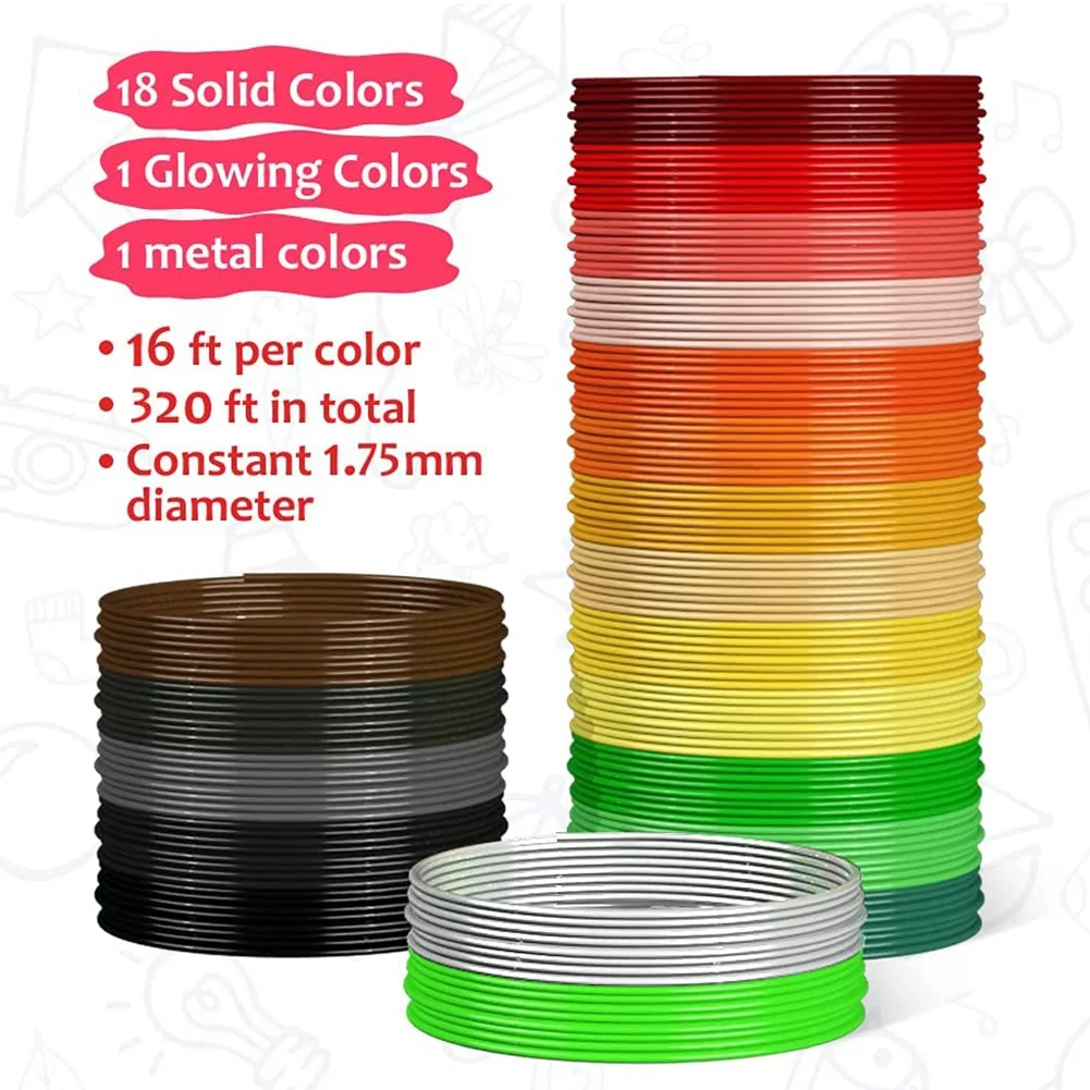 PLA Refills 20 Colors, 16 Ft Per Color Total 320 Ft 1.75mm Premium Filament for 3D Printing Pen Comes