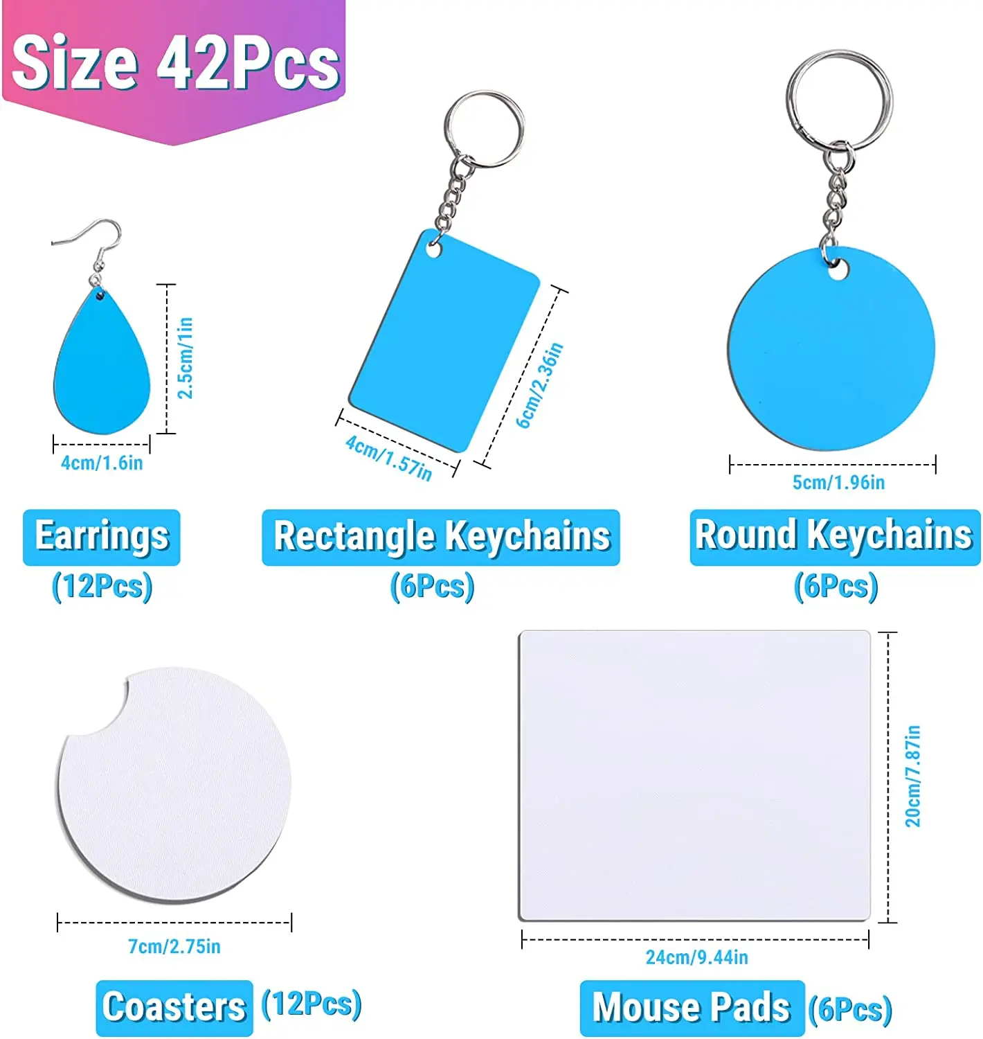 HTVRONT 42Pcs Sublimation Blanks Keychain Set Heat Transfer Keychains Ornament Blank With Key Rings Double-Side Printed DIY