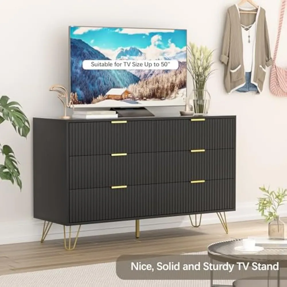 Black dresser, modern dresser for bedroom, 6-drawer dresser, wide drawer and gold handles, drawer locker