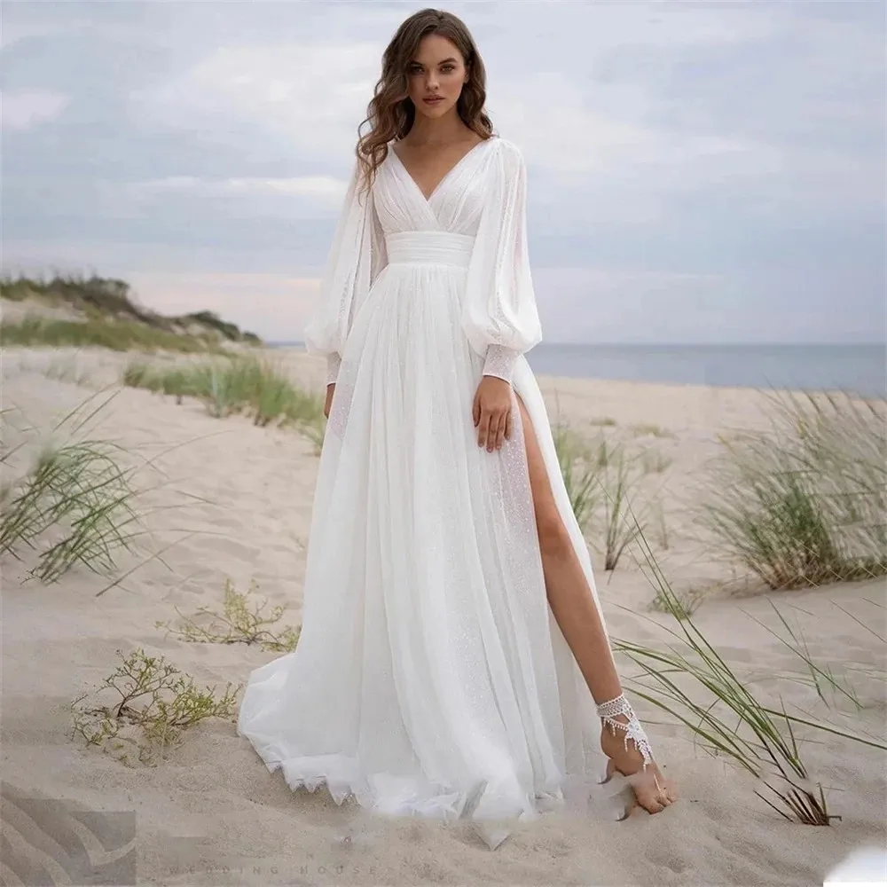 

Elegant Split Simple Women's Dress 2025 Wedding Bridal Long Sleeve Bubble Sleeve Sweetheart Robe