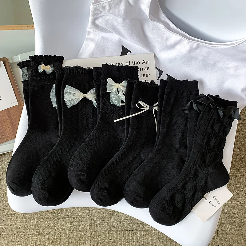 

JK Black Socks Women Lolita Lace Cotton Socks Female Sweet Long Frilly Bowknot Socks Girls Ankle Dress Calcetine Medias