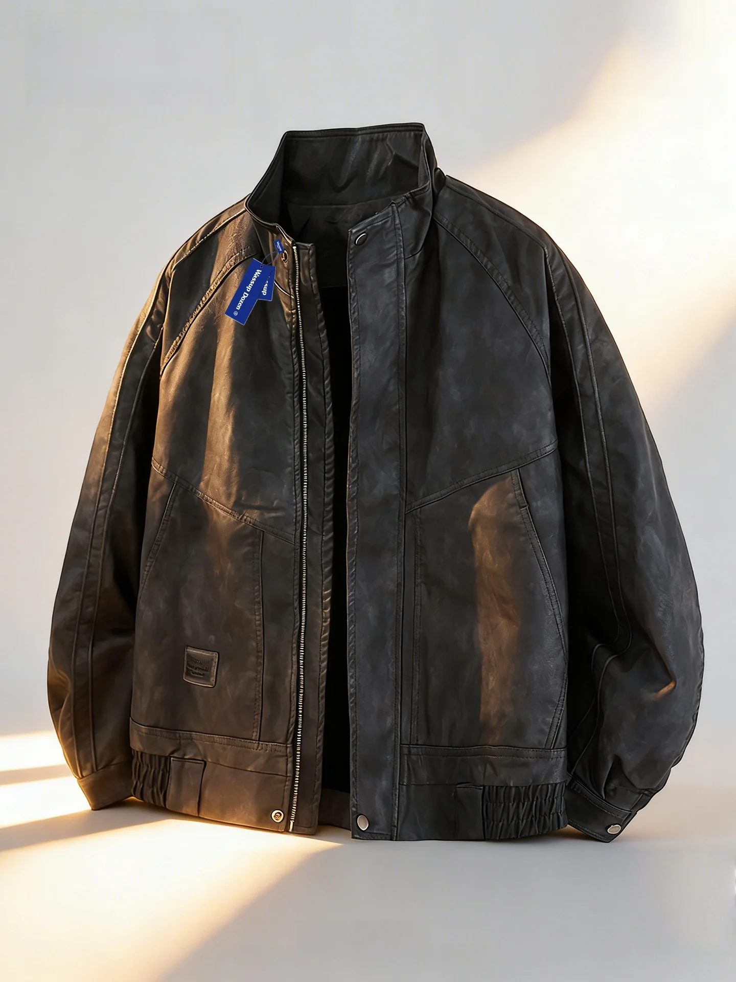 

Wassup Dozen Мужская повседневная кожаная куртка на подкладке с воротником-стойкой, теплая верхняя одежда из искусственной кожи, длинная застежка-молния