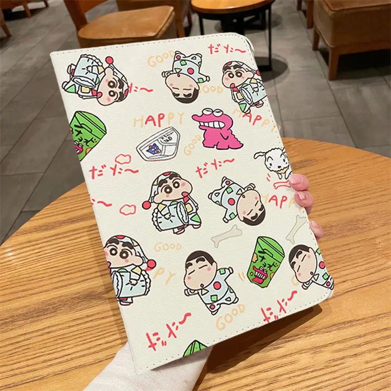 Kawaii Crayon Shin Chan IPad Protective Case Cartoon Rotating Leather Cover for Air1/2/3/4/5 Ipad7/8/9/10 with Pen Slot Sticker