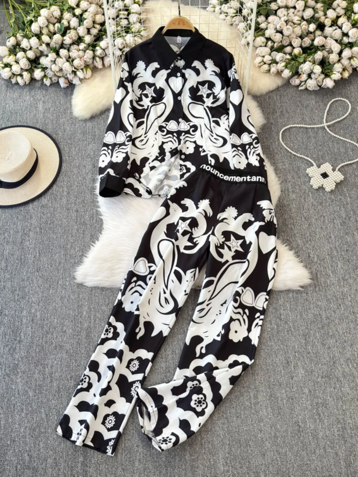

Faionable Printed Long Sve Sun Protection Two-Piece Set High Waist Slim Wide Leg Pants Summer 2025 Women's Collar B...