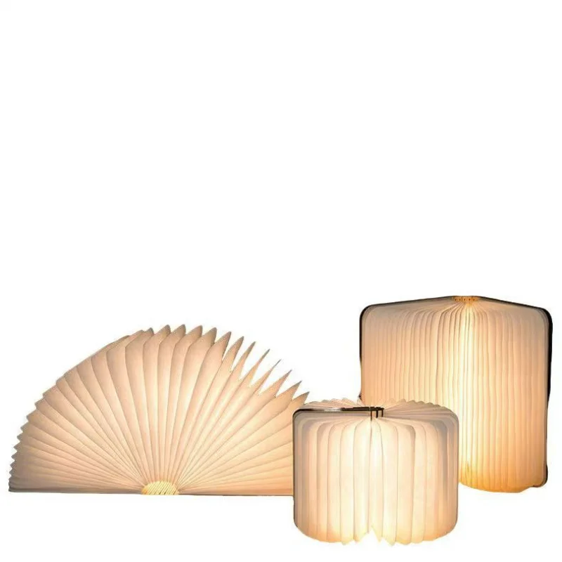 Livro de papel de capa de madeira criativa com páginas DuPont, luz noturna LED, lâmpada de cabeceira portátil de bolso dobrável