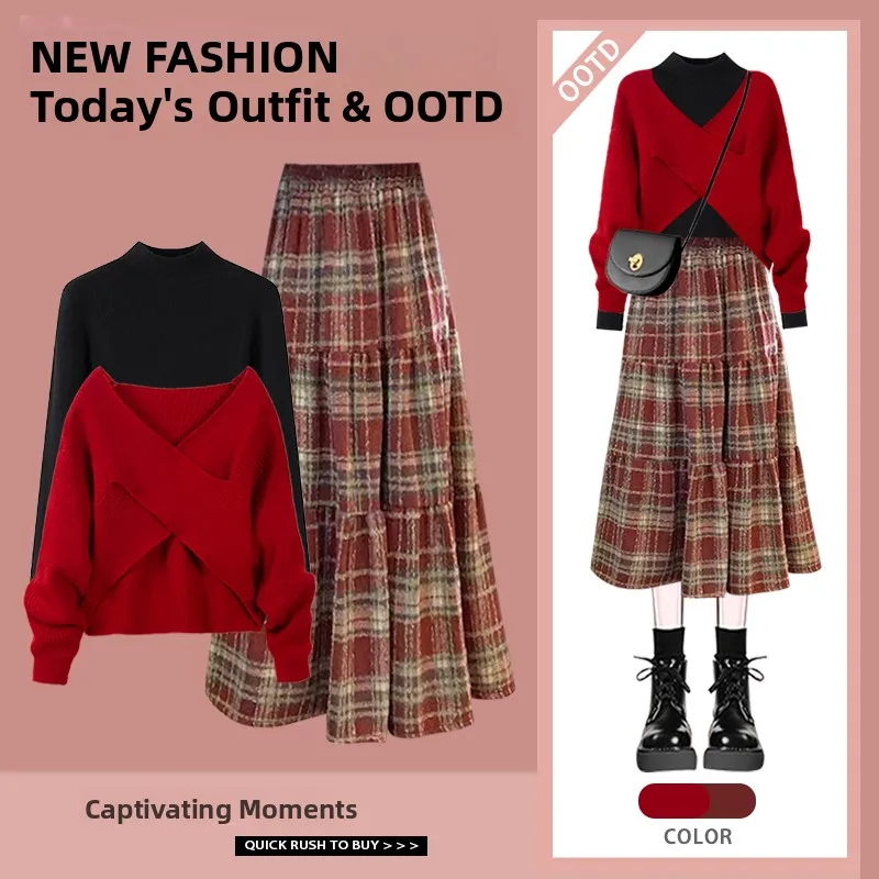 

Красный комплект V-ne Long Sve Base irt и клетчатая юбка, осенне-зимний комплект Faion, женская дизайнерская одежда Dopne