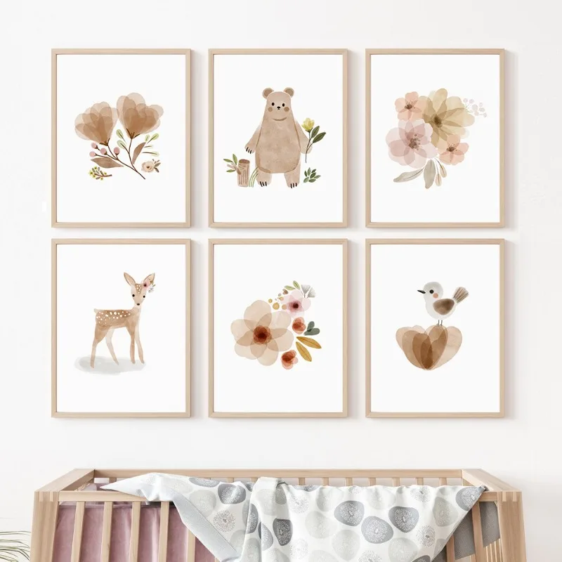 Cute Deer Bear Rabbit Bird Flower Boho Nursery Nordic Posters Prints Wall Art Pictures Canvas Painting for Kids Baby Room Decor