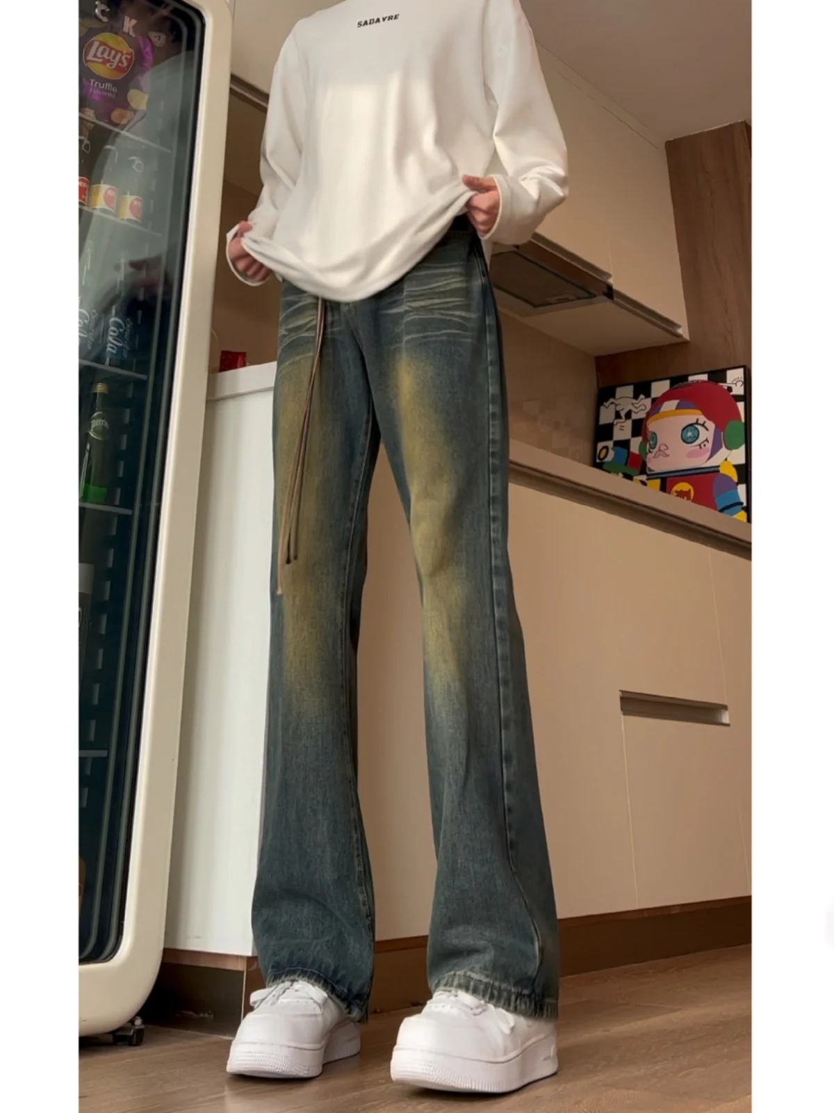 

Мужские джинсы в стиле ретро, синие, с легким расклешением, удлиненные, для высоких, прямые, повседневные, молодежные