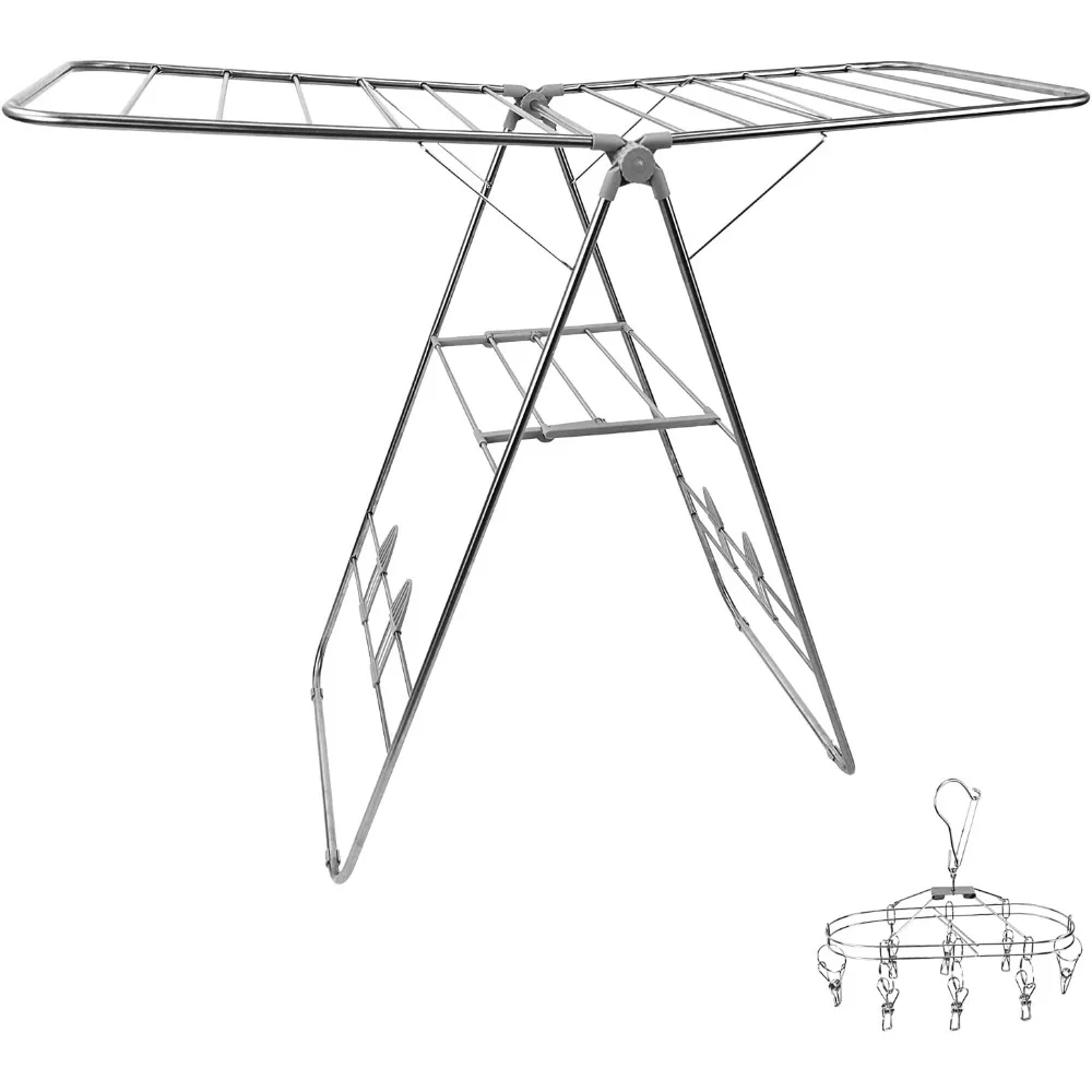 

Foldable Rustproof Drying Rack with Drying Clips and Drainage Shoe Rack, Height Adjustable, Ventilated
