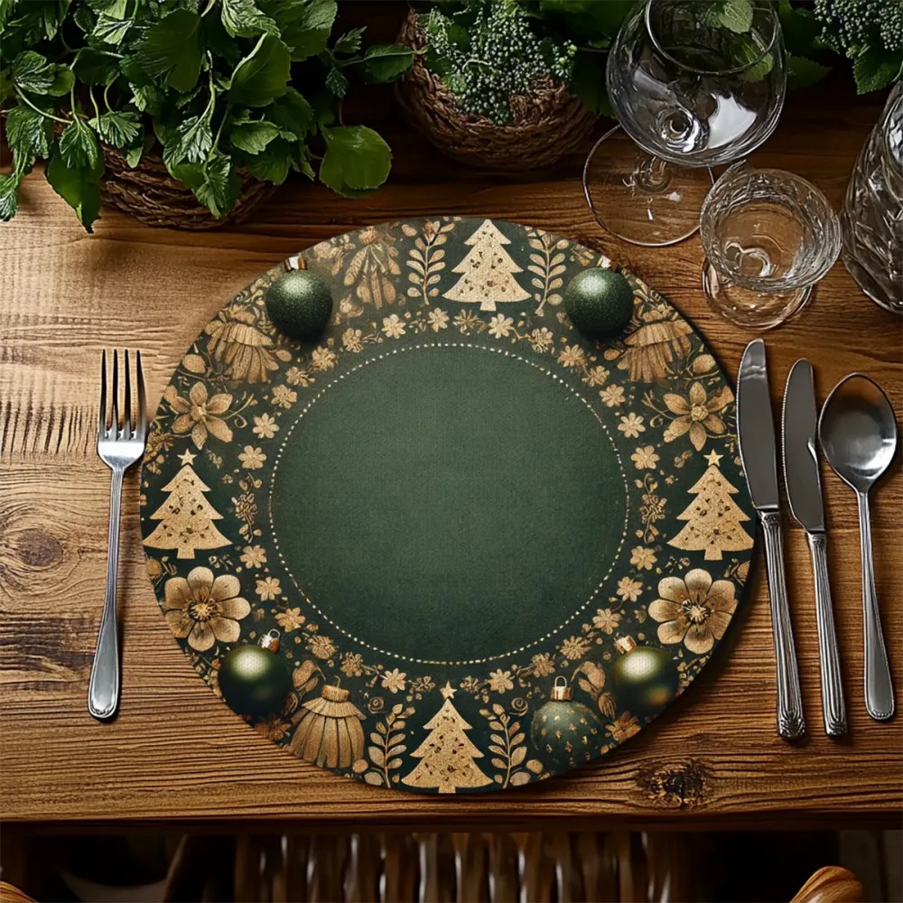 VIKAMA Christmas Placemat Set of Four Gold Bead Pattern Round Holiday Placemats Perfect for Christmas Table Decorations