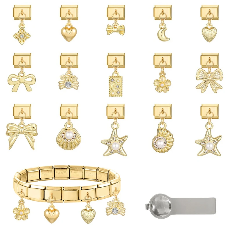Y2K Moon Stars Flowers Crab Shell Bow Italian Charm Links Fit 9mm Stainless Steel Bracelet Women Fashion DIY Making Jewelry Gift