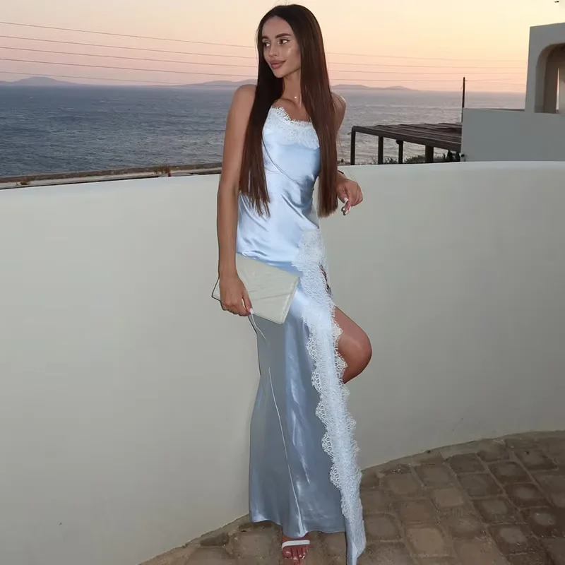 

Tuularose Sexy Lace Fashion Halter Dresses Women Patchwork Side Split Spaghetti High Waist Party Dress Evening Female Long Dress