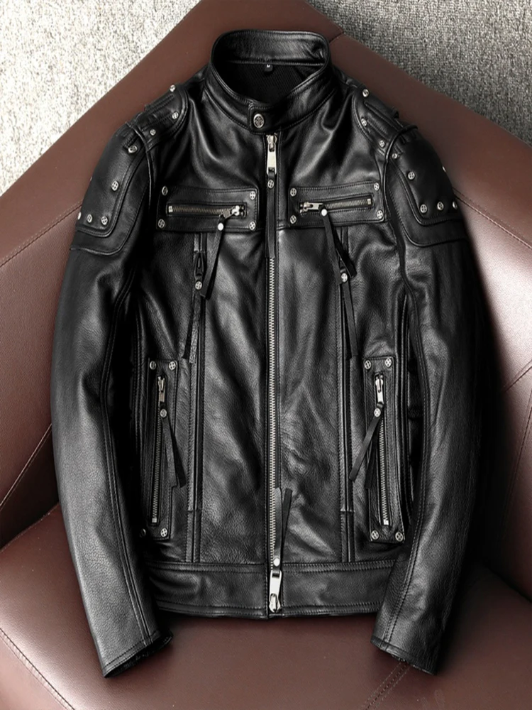 Leather Jacket Men Can Add Protective Gear Rivets Trendy Jackets Pure Top Layer Cowhide Genuine Motorcycle Clothing