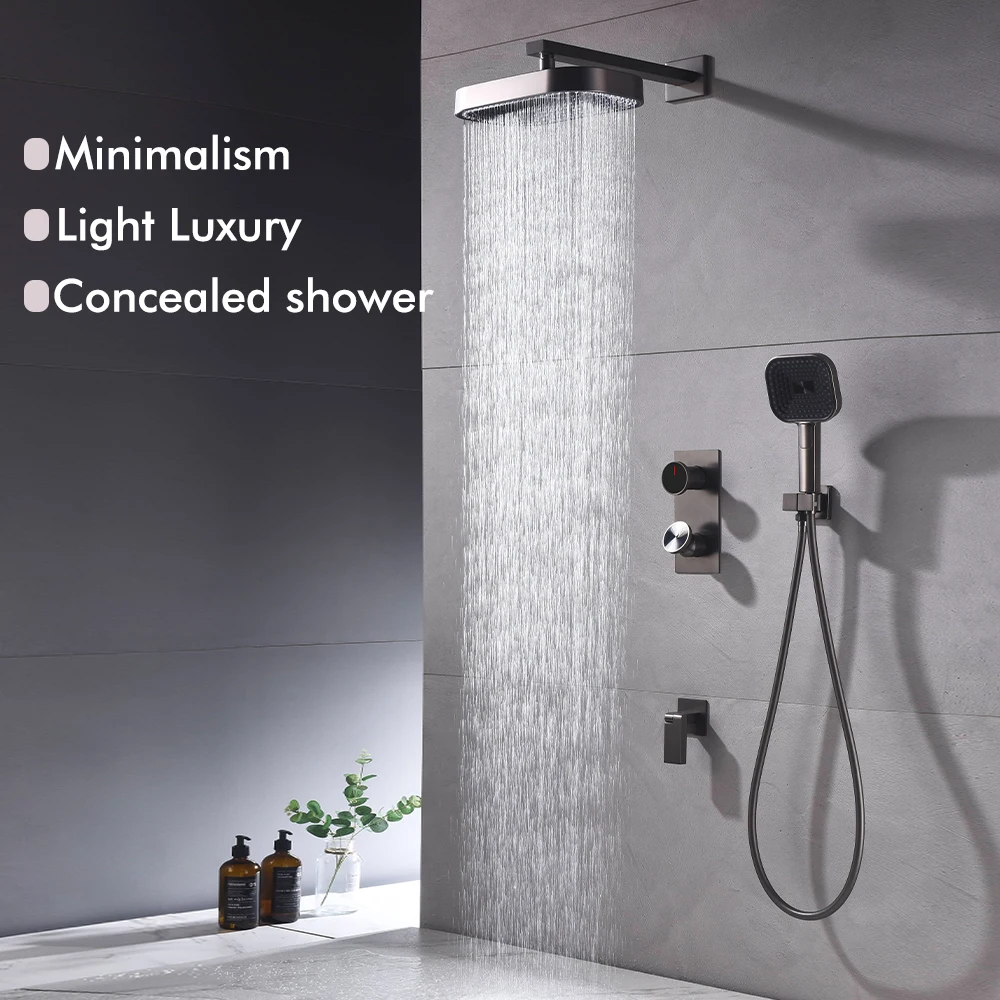 Gunmetal Shower Faucet Kit 3 Way Bathroom Shower Tap Concealed Box Mixer Fold Spout Embedded Box System