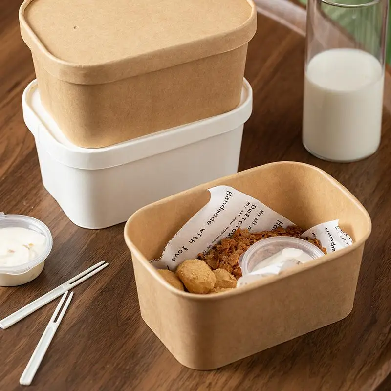 10Pcs Square Disposable Kraft Paper Lunch Boxes Leak Proof Lidded Food Containers for Kids Birthday Party Food Serving