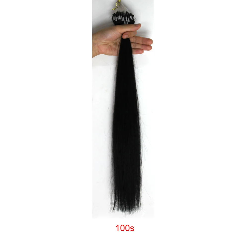 100Pcs 16Inch Black Easy Loops Mini Ring Beads Tipped Real Human Hair Extensions Wigs Hair