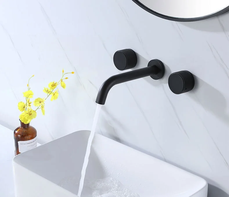 Imagem -05 - Solid Brass Double Handle Três Furos Parede Torneira Bacia do Banheiro Hot Cold Mixer Tap Black Basin Tap Roda Recartilhado Tap