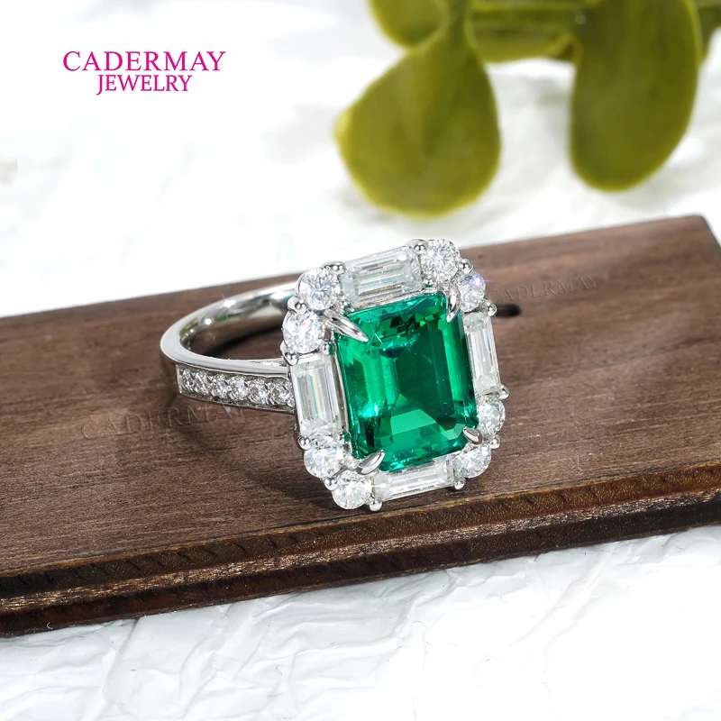 High Quality Lab Emerald Ring Women 925 Silver 8x10mm Emerald Cut Lab Grown Emerald Engagement Wedding Halo Rings Pave for Women