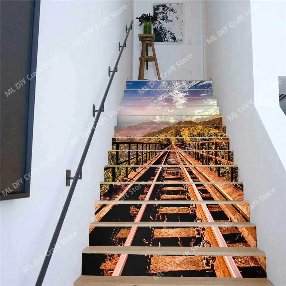 Beautiful Scenery Living Room Staircase Stickers Creative Simplicity Thirteen Pieces Mountain Stream Railway Staircase Stickers