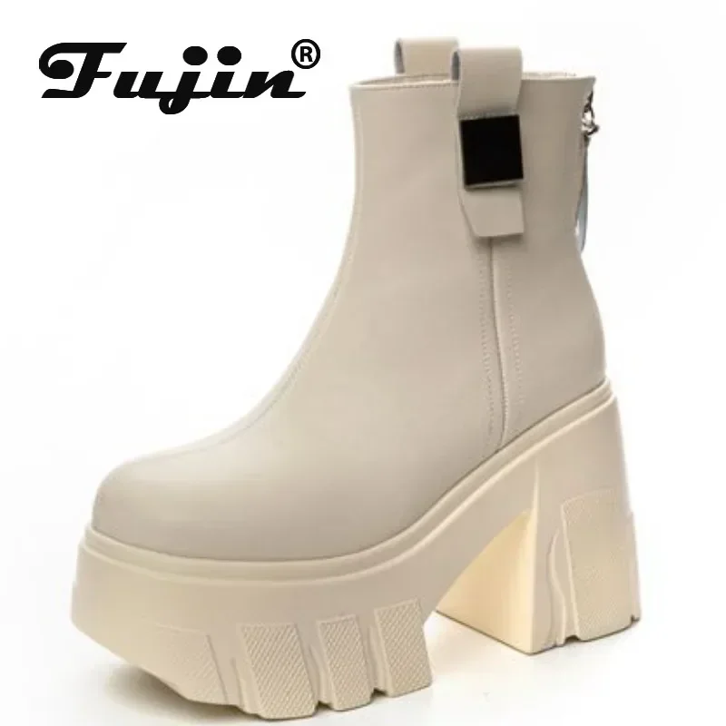 Fujin 11cm New Microfiber Leather Women High Increase Casual Ankle Boots Platform Wedge Pumps Heels White Shoes Winter Shoes